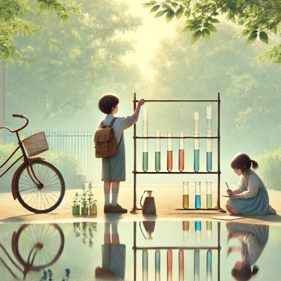 Dos niños pequeños explorando la química en la naturaleza en un ambiente onírico y sereno, observando la oxidación en una baranda y tomando notas en un cuaderno bajo una luz etérea.